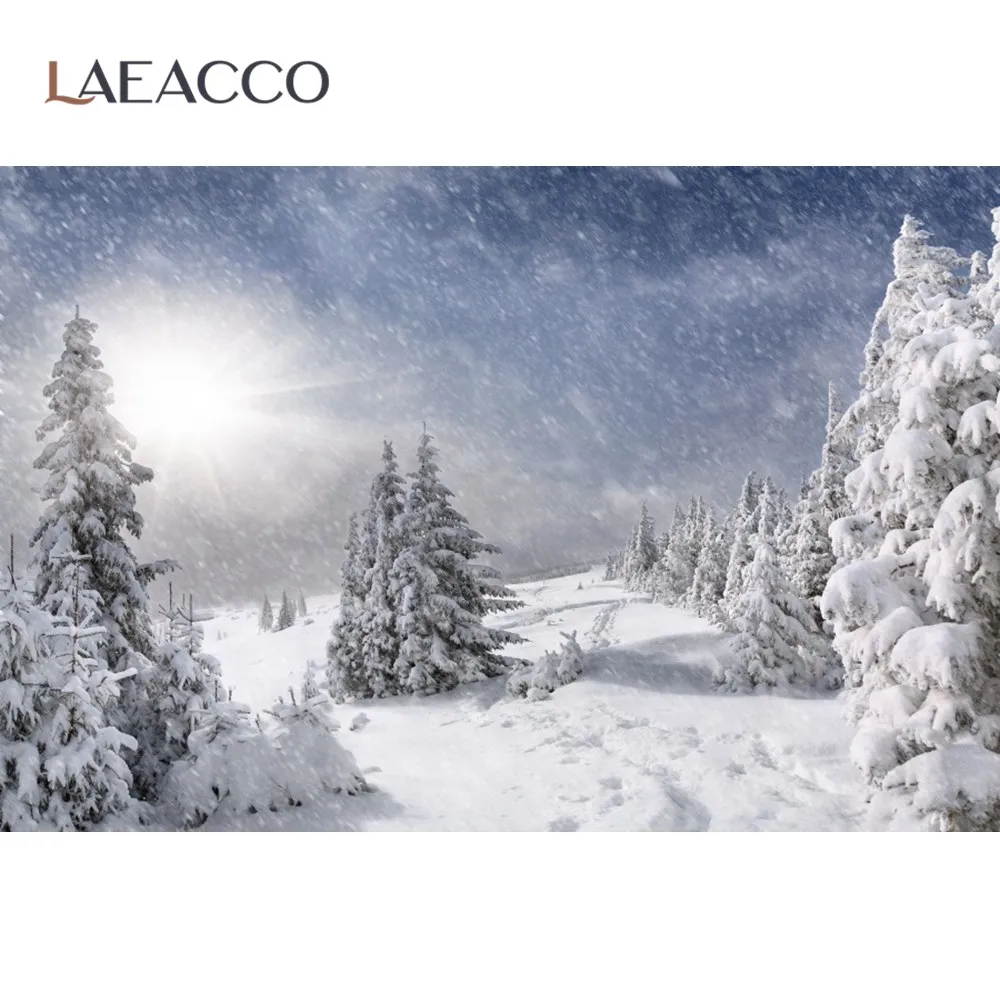 Laeacco Winter Snow Mountain Pine Tree Forest Way Natural View Scenic Photographic Background Photo Backdrop For Photo Studio