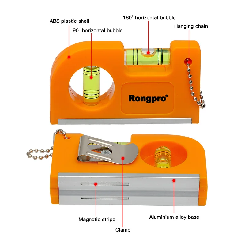 RONGPRO Portable Keychain Level Measuring Tools with Magnet Base Mini Pocket V Stripe Spirit Level Bubble Clamp Precision Ruler