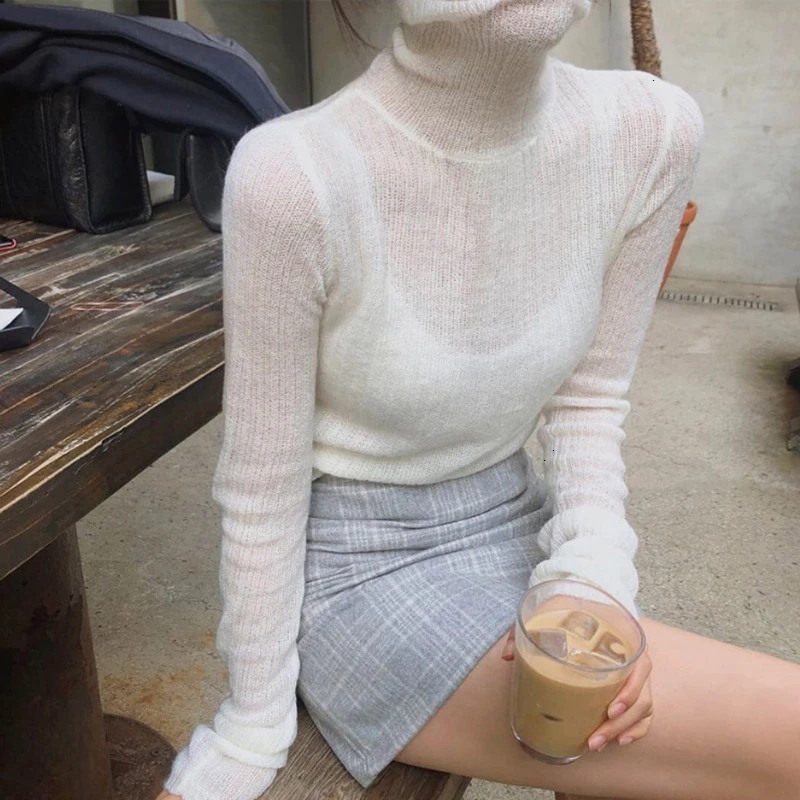 TWOTWINSTYLE White Korean Knitted Sweater For Women Turtleneck Long Sleeve Autumn Slim Pullover Female Clothing Fashion New 2024