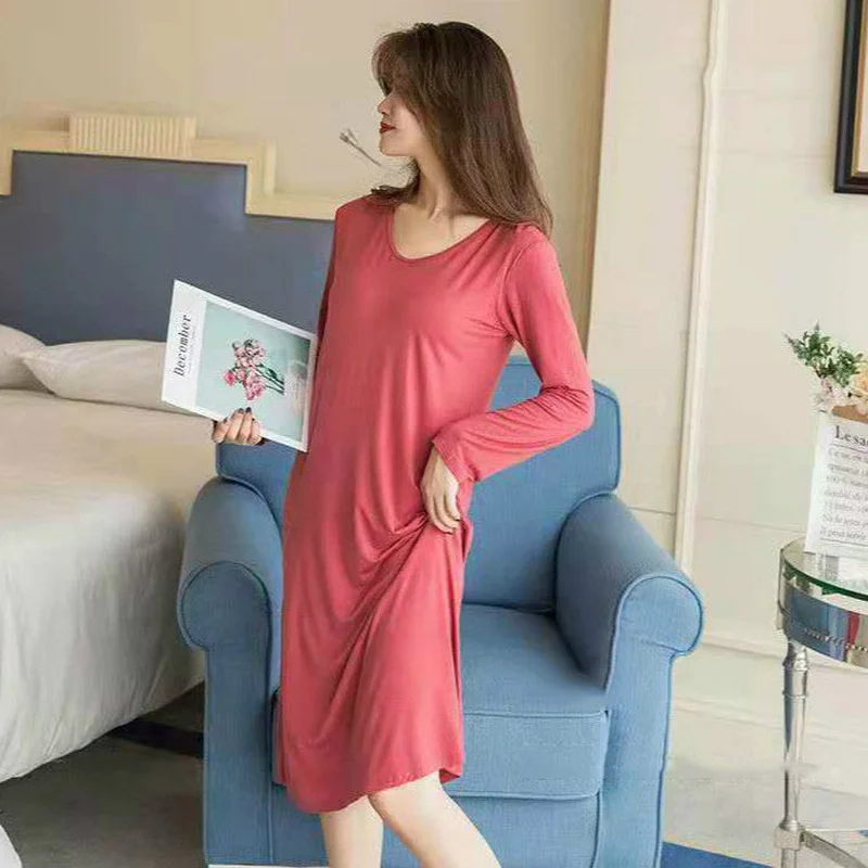Women Autumn Long Sleeve Solid Nightgown O-neck Over Knees Sweet Nighties Padded Elegant Comfort Lounge Wear Casual Sleepshirts image 4