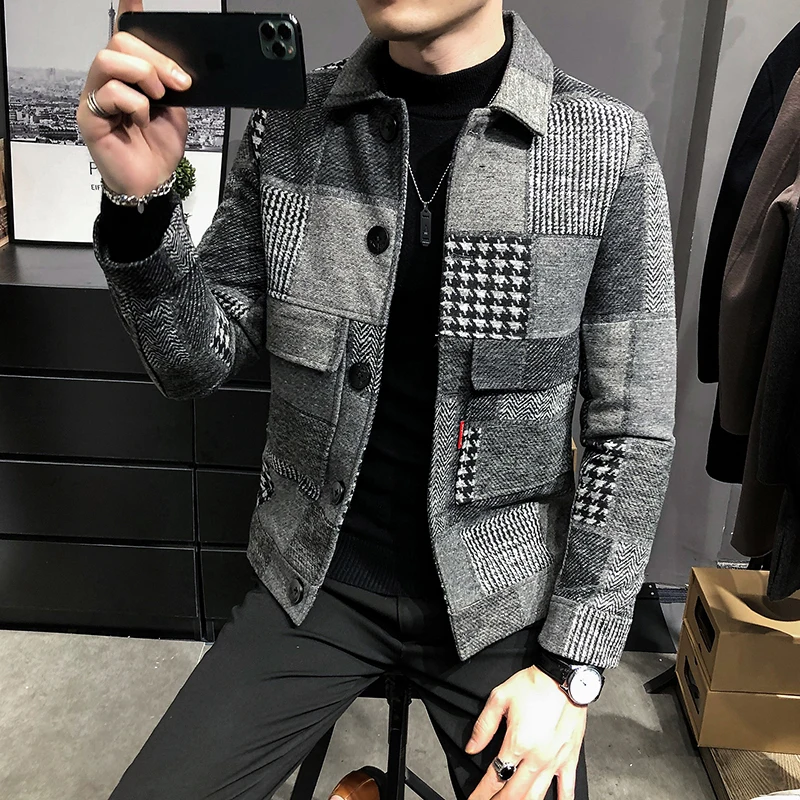 2021 Autumn and Winter Fashion New Men\'s Casual Lapel Hoodless Jacket / Male Slim Plaid Woolen Coat