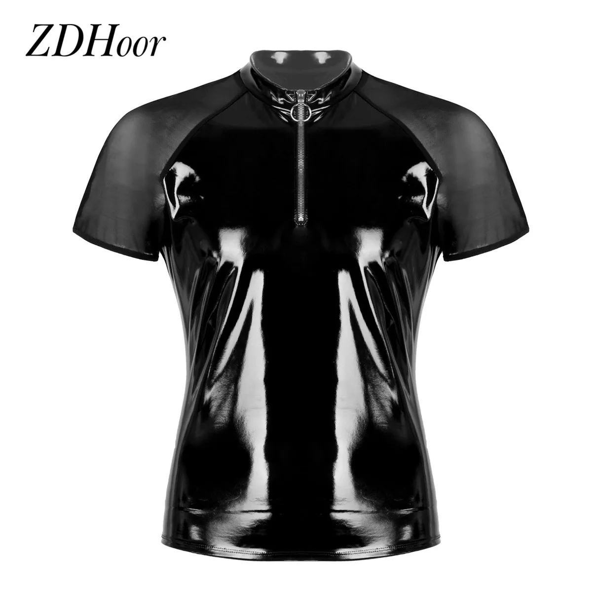 Men Shiny Shirt Wetlook Patent Leather Short Sleeves Summer Sexy T-shirt Sheer Mesh Zipper T-Shirts Tops Clubwear Casual Clothes