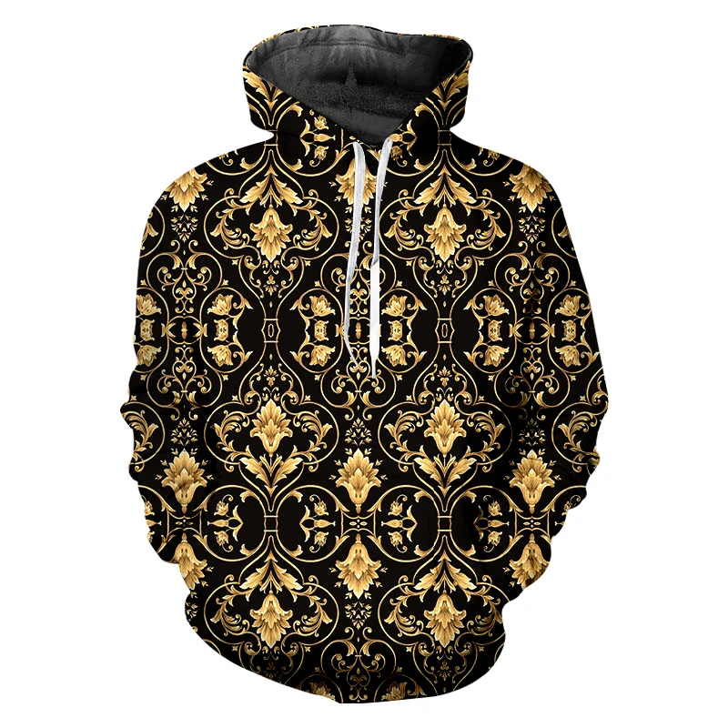 

Men's Hoodie Long Sleeve Sweatshirt Luxury Golden Palace Flowers Autumn Pullover Loose Streetwear Female Plus Size Tops 4XL