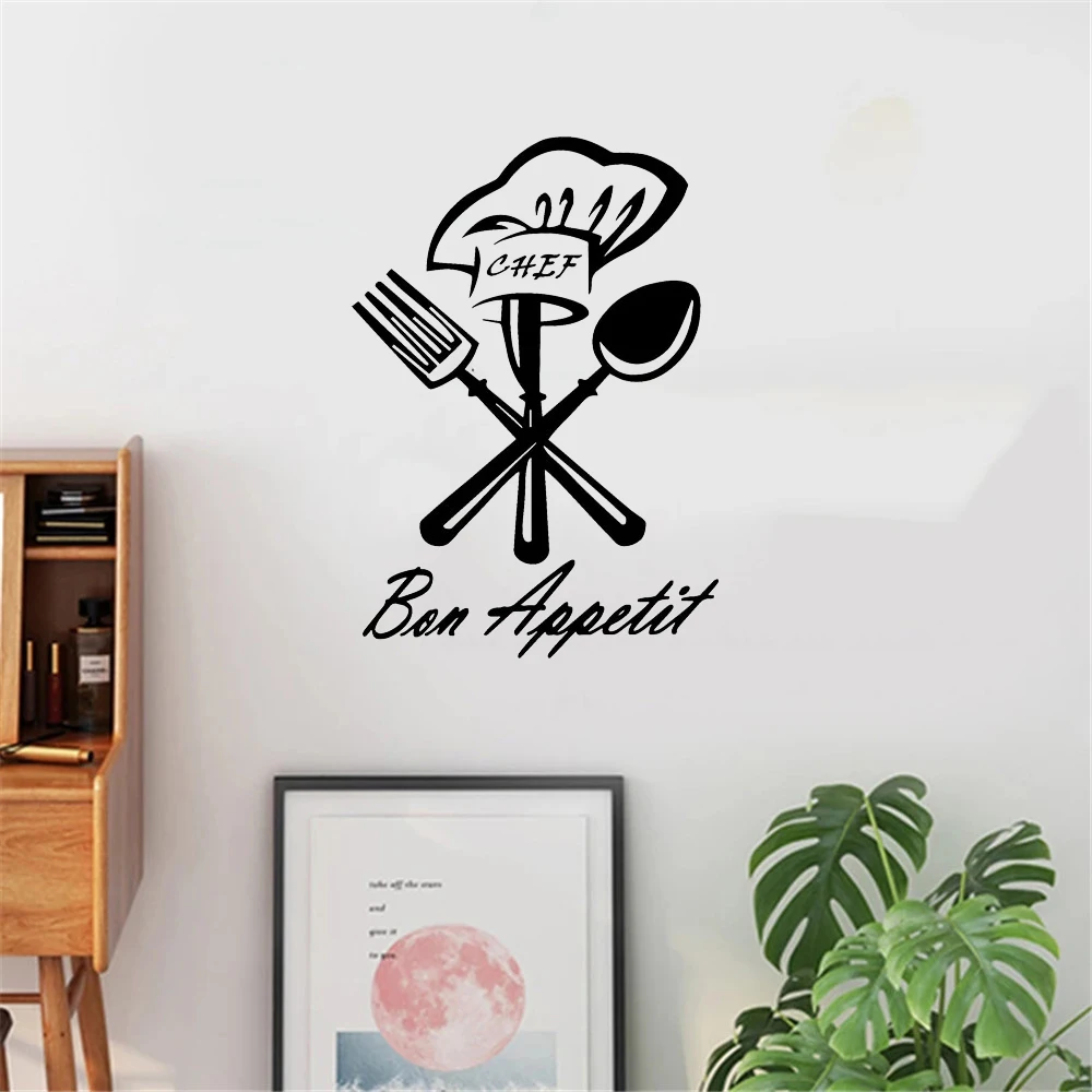 Chef Bon Appetit Kitchen Wall Sticker Vinyl Cafe Restaurant Interior Design Decoration Tableware Knife Fork Decals Murals