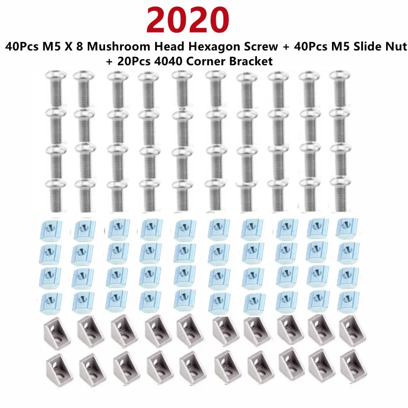 

Комплект соединителей для алюминиевого профиля 2020: 40 шт. M5 X 8, шестигранный винт с грибовидной головкой + 20 шт. угловой кронштейн 2020 + 40 шт. направляющая гайка M5