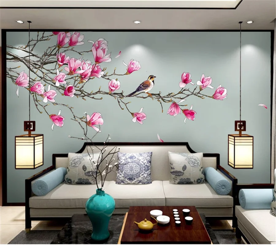 wellyu Customized wallpaper 3d modern minimalist new Chinese hand-painted flower and bird magnolia flower background wallpaper