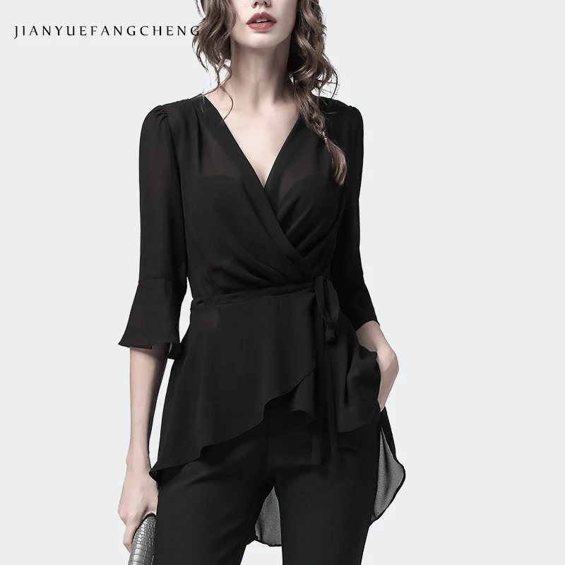 Long Tail Women Chiffon Tuxedo Blouse With Bra Spring Summer Three Quarter Sleeve V-Neck Tops Elegant Slim Irregular Tunic Shirt