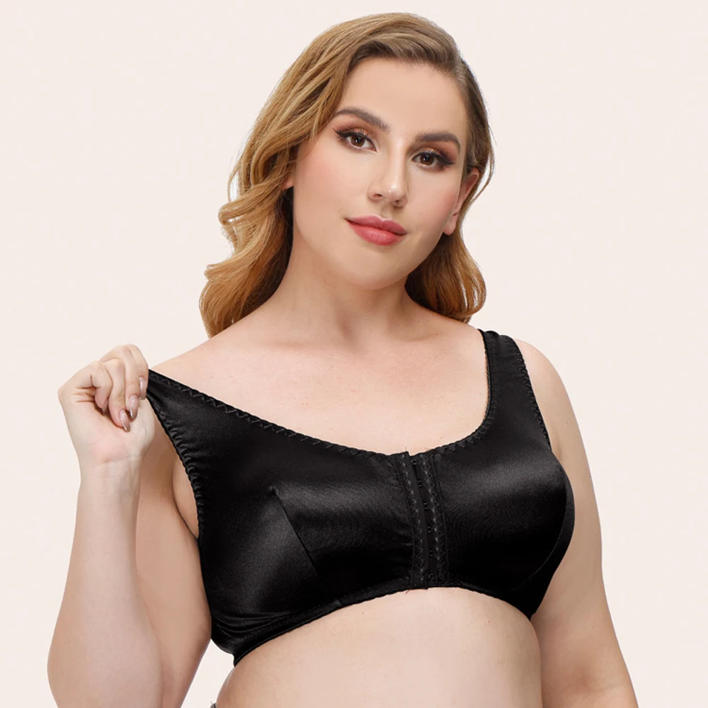 Women Full Coverage Bra Plus Size Comfort And Support Satin Bra Imitated Silk No Padded Wireless Front Closure Vest Underwear