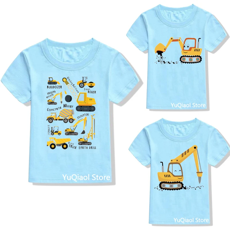 Kids Blue Tshirt For Boys Excavator/Bulldozer/Digger/Truck Print Graphic T Shirts Construction Lover Children Top Birthday Gift