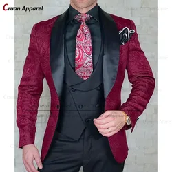 Elegant Burgundy Jacquard Wedding Suits Men Slim Fit Tailor-made Formal Groom Male Dress Tuxedo Champagne Blazer Vest Pants Set