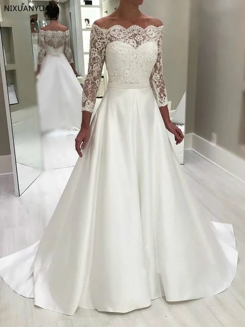 Robes de mariée A-ligne en satin classique, manches longues, bouton au dos, patients, quel que soit le mariage