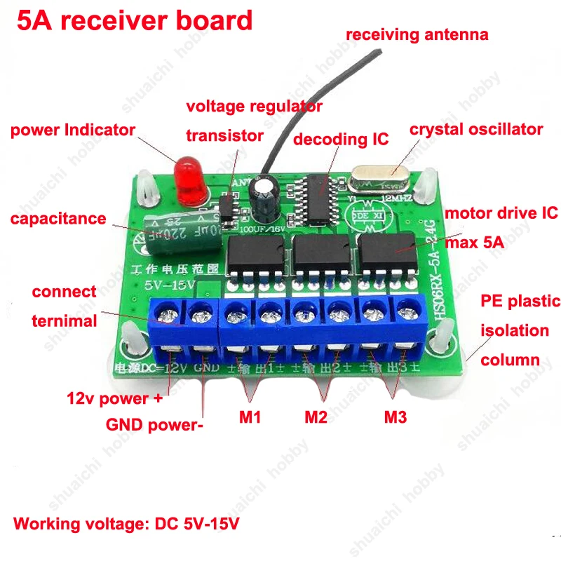 1set 6CH 2.4G Remote Controller Kit 5A DC 6V-15V Receiver Board DC 3V Transmitter 800m Radio Control for RC Toy Car Boat