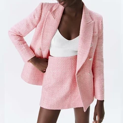 za Women Suits Pink 2023 Spring Fall Slim Chic V-neck Fashionable Simple Casual Lady 2-piece Shorts Suit OL Style Formal Female