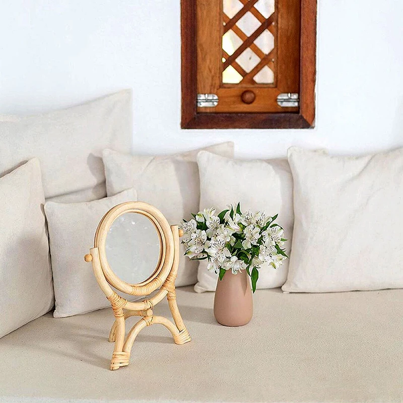 Rattan Woven Mirror зеркало INS Style Restore Ancient Ways Upright Dressing Household Decoration Rotates Desktop Makeup Mirrors