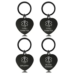 Heart-shape Keychain pendant Medical Epilepsy Logo Diabetic Star of Life Black Lettering metal keychain Fashion Charm small gift