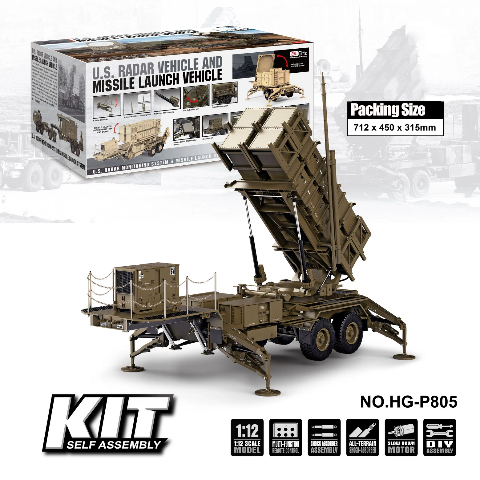 1/12 USA Missile Launcher Car Radar Military Truck Offroad Unassembled Model KIT DIY Self-Assembly MenToy HobbyToki HG-804 805