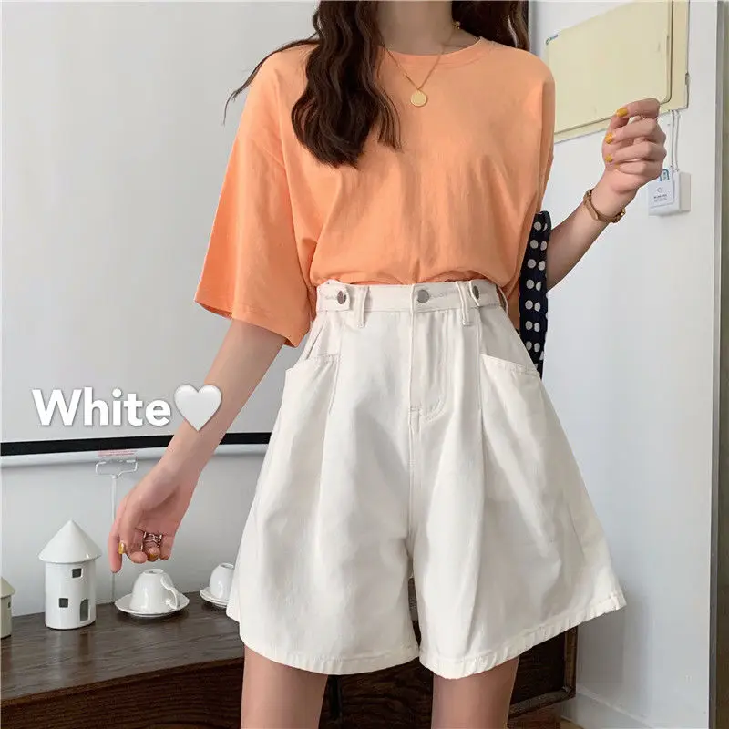 Shorts Women Summer Denim Wide-leg Buttons Vintage Washed High-waist Solid A-line Loose All-match Womens BF Ulzzang Slim Chic