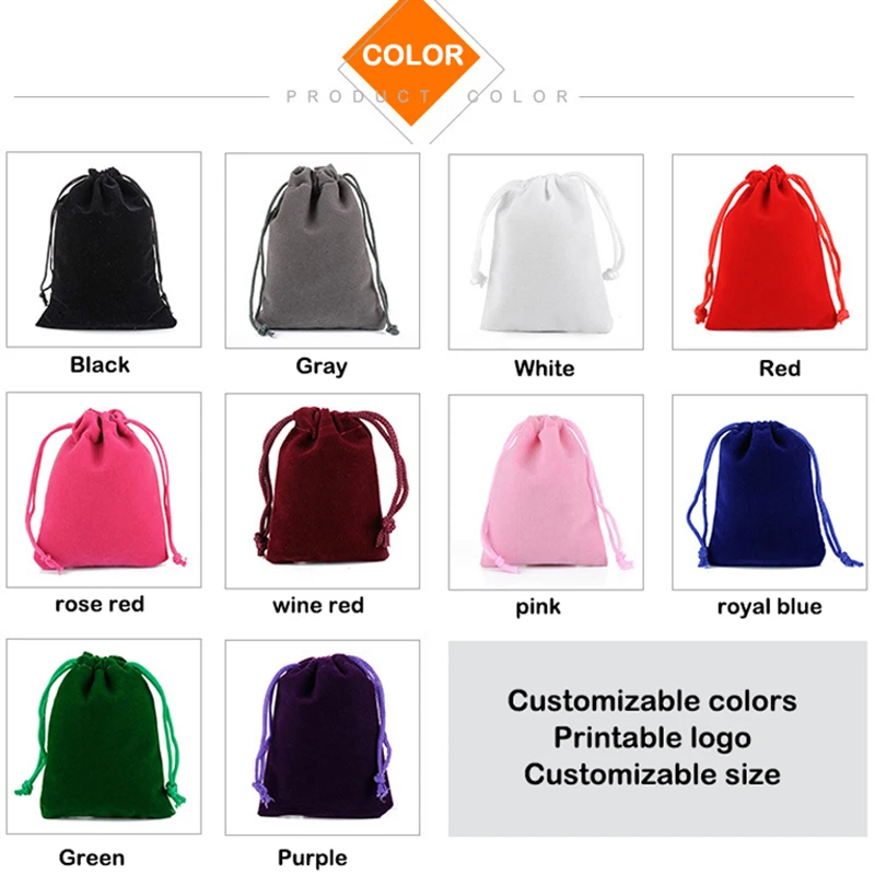 50pcs/lot Coloful Velvet bag Drawstring Pouches Jewelry Packaging Display Drawstring Packing Gift Bags & Pouches Printable Logo