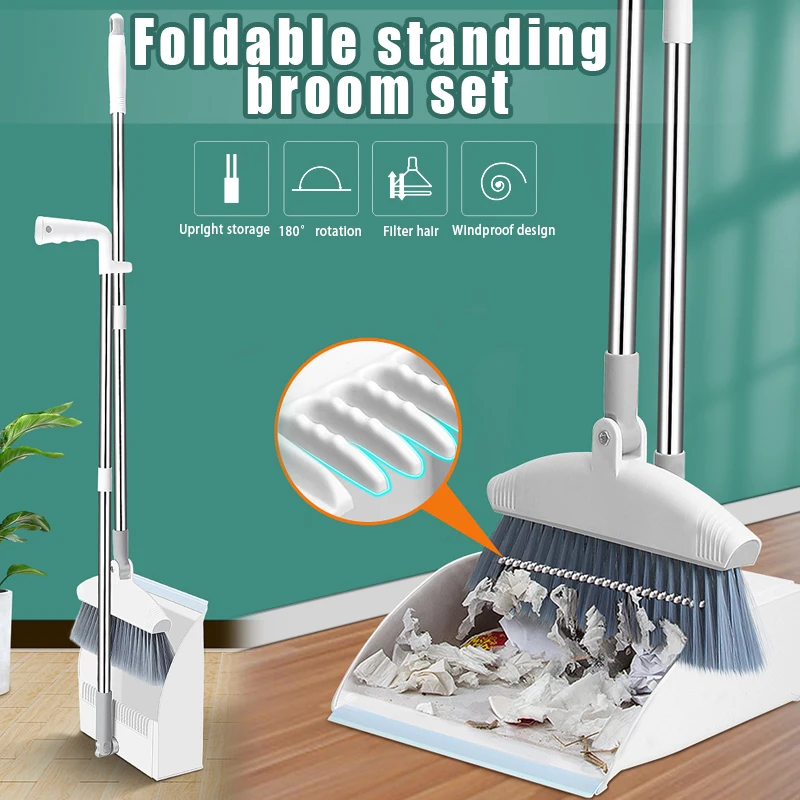 Broom Dustpan Set Long Handle Upright Standing 180 Degree Rotating For Home Balais Poussières Limpieza Hogar Escoba Y Recogedor