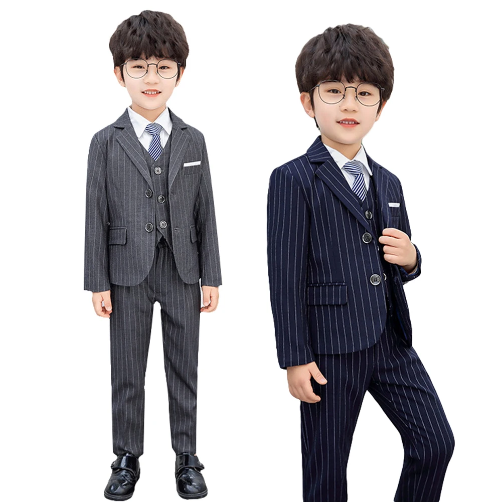 

LOLANTA 5Pcs Boys Navy Blue Blazer Jacket+ Pants+Vest+Shirt+Tie Suits Set Children Pinstripe Formal Dress Wear with Tie