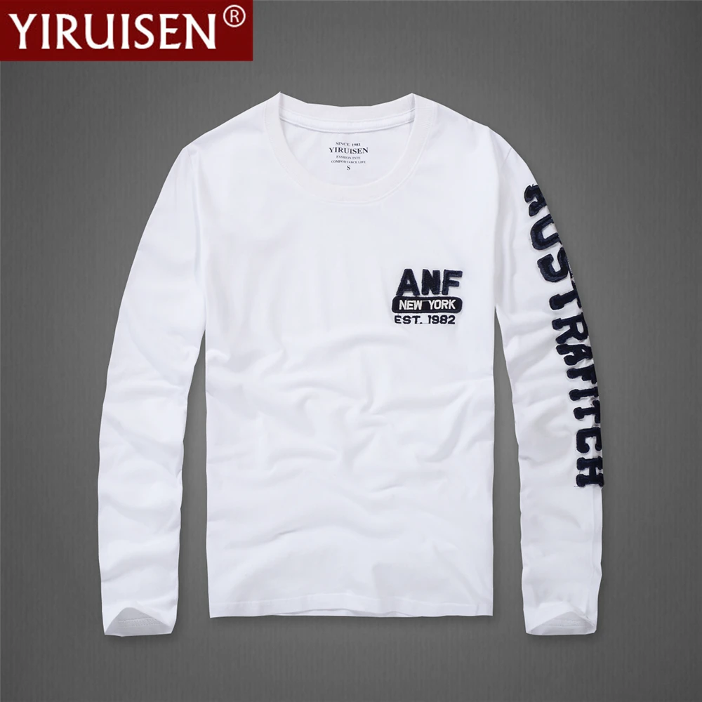 

YiRuiSen 100% Cotton Mens Tshirts Top Quality Embroidery Long Sleeve Autumn Designer Clothes Casual O-Neck Sports Homme Style