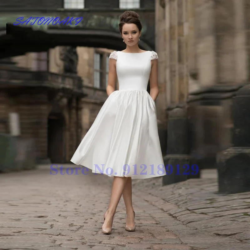 

Vestidos De Novia New Short Satin Wedding Dress For Bride Cap Sleeve Backless A-Line Bridal Gown France Robe Mariée Online Shop