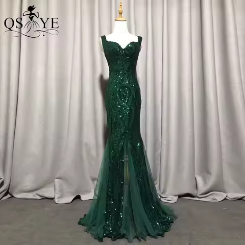 Luxury Emerald Evening Dresses Green Sequined Long Mermaid Prom Gown Glitter Elegant Party Dress Pattern Lace Formal Dress 2022