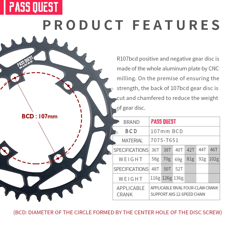 PASS QUEST chainring gear is suitable for SRAM AXS RIVAL107BCD chain positive negative tooth eagle electric variable Road BIKE