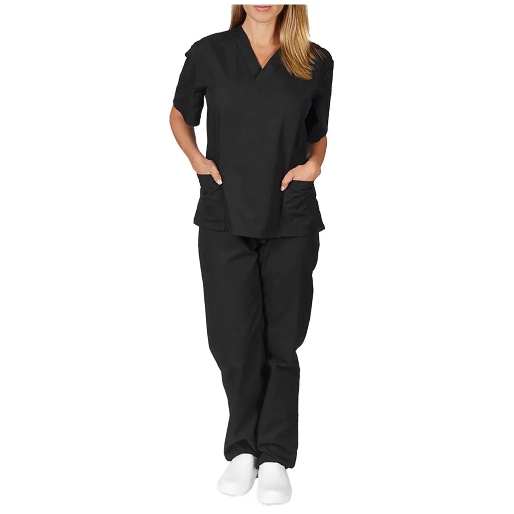 11 Colors Nurse Uniform Suit Women Short Sleeve Tops Working Uniform Blouse Scrubs Workwear Nursing Women Scrubs Elastic Pants