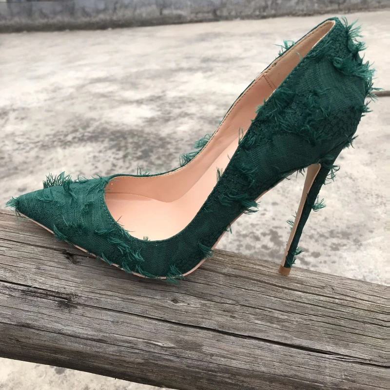 Tikicup Green Tassel Distressed Fabric Stiletto High Heels Designer Chic Ladies Sexy Pumps Pointy Toe Dress Shoes Plus Size33-46