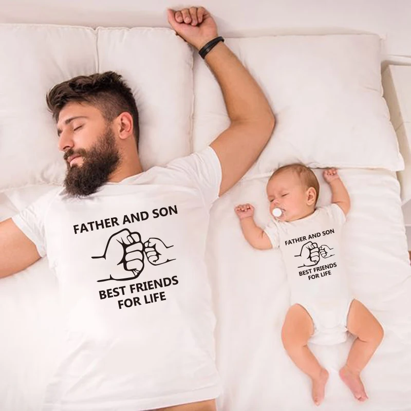 Family matching clothes FATHER AND SON Tshirt BEST FRIENDS kids daddy boys clothes man Short Sleeve Letter fist Print Tops