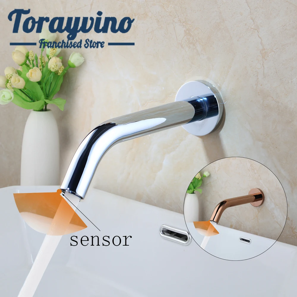

Quick open bathroom faucet with sensor chrome & rose gold brass tap wall mount hot & cold mixer taps Induction faucets sink tap