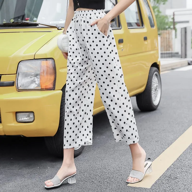 Women's High Waist Capri Pants,White, Black,Polka Dot,Wide Leg Trousers,Chiffon Korean, Casual,Loose,Student,Summer, New Fashion