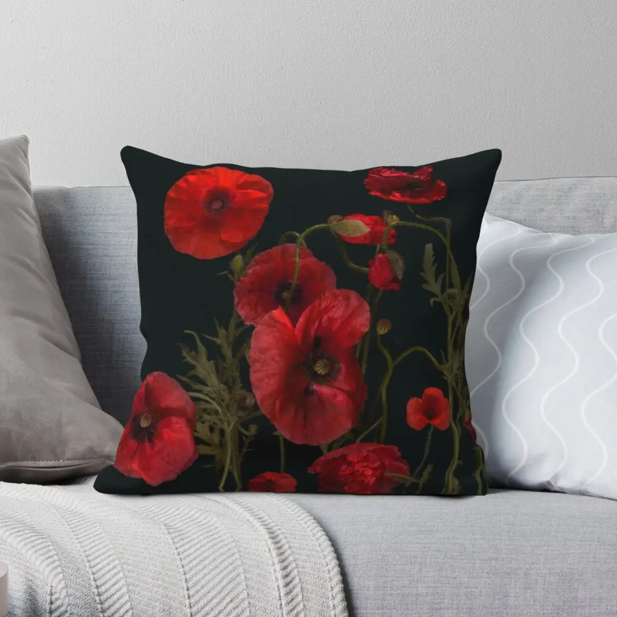 Red Poppies On Black Square Pillowcase Polyester Linen Velvet Creative Zip Decor Throw Pillow Case Home Cushion Cover