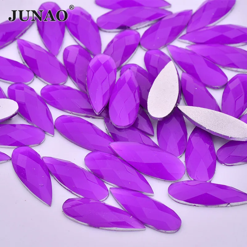 JUNAO 8*22mm Neon Blue Teardrop Rhinestone Flat Back Resin Applique Crystal Stone Non Hot Fix Strass Clothing Accessories Craft