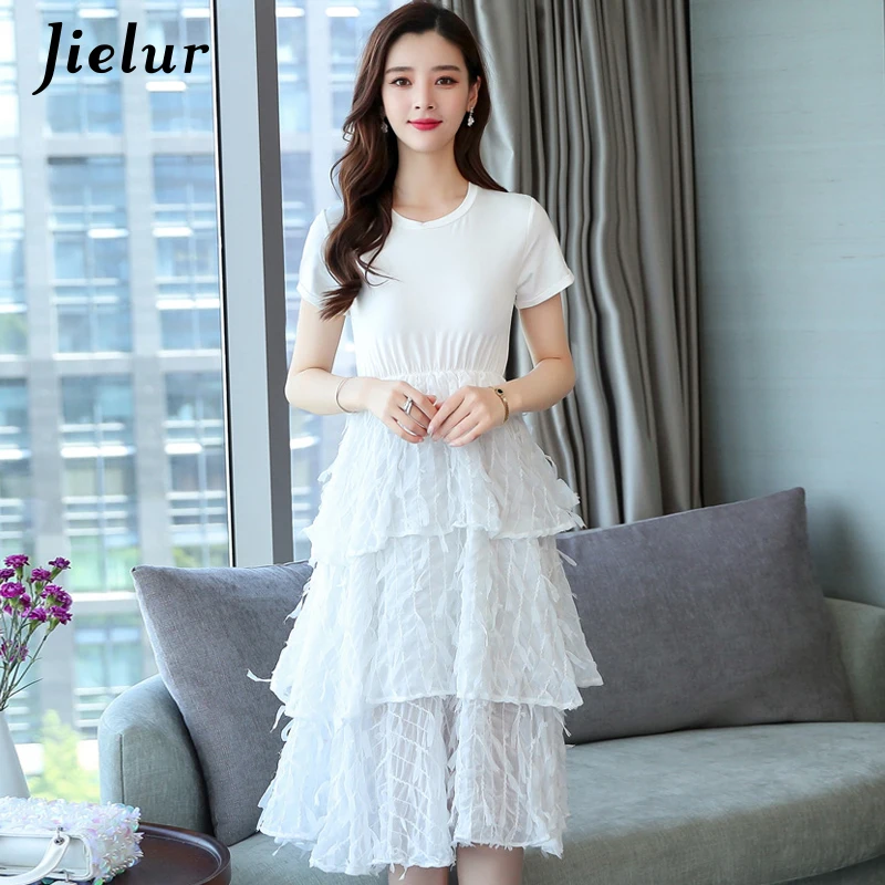 Jielur White Women Dress Ladies O-neck Hipster Solid Color Woman Dresses S-XXL Short Sleeve Mesh Abiti Donna Black Summer Dress