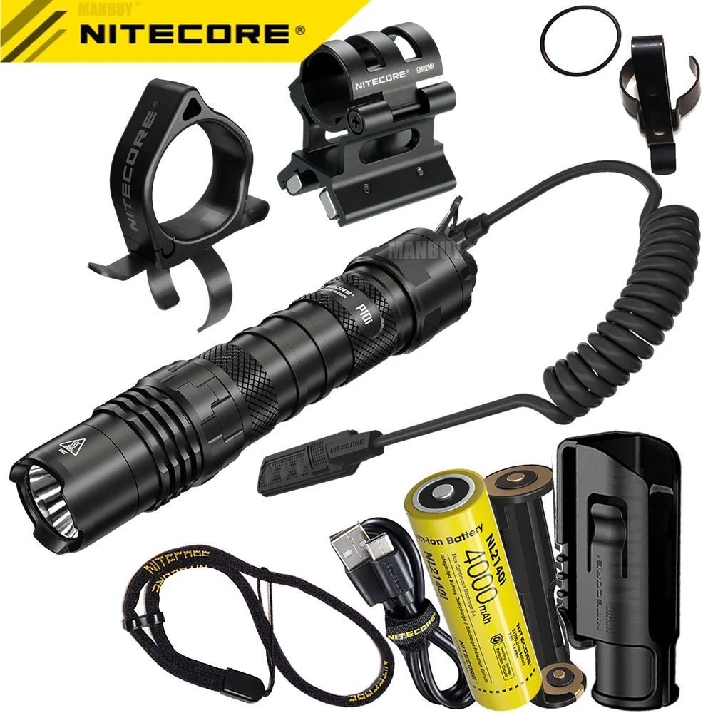 

2024 NITECORE P10i Flashlight + NTR10 Tactical Ring RSW2i Remote Switch GM02MH Mount 4000mAh 21700 Battery NTH10 Holster