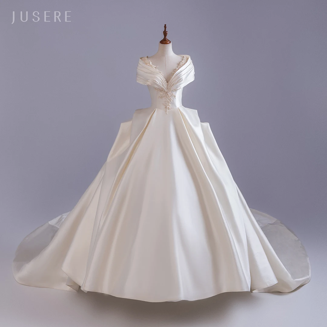 Jusere-vestido de novia de satén con mangas de casquillo, traje de novia, línea A, blanco, con tren de la campana