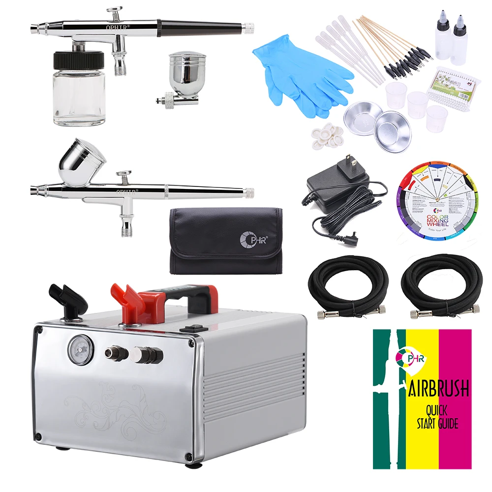 OPHIR 2-Airbrush Kit Dual Action Spray Gun Kompressor Set für Kuchen Tattoo Auto Modell Malerei DIY Hobby Werkzeug sets AC062W + 004A + 005