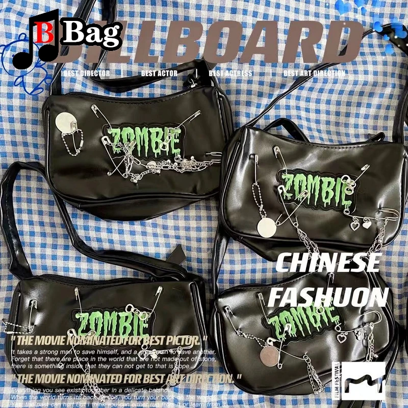 Y2K Girl punk bag women PU Metal pendant Handbag single shoulder underarm bag female Cool pin Zombie Gothic Lolita messenger bag