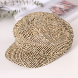 2021 Hand-woven  fashion Straw Women Summer Thin Newsboy Cap Painter Rope Knitted Beret Mesh Breathable Beach straw hat