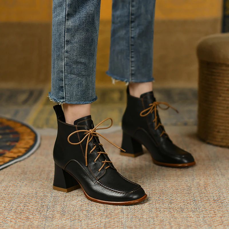 2022 Spring New Hot Sale Genuine Leather Footwear Women Boots Lace Up High Heels Casual Shoes Women Ankle Boots Platform Boots