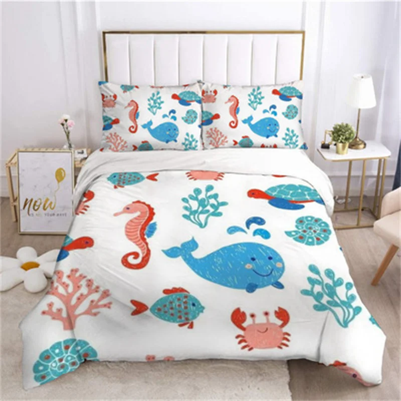 seahorse whale Bedding Set Luxury Queen King Size 3D Digital Printing Sanded Cartoon Cute Dormitory Quilt and Pillowcases