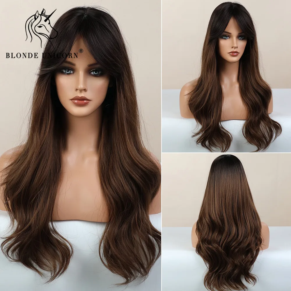 

Blonde Unicorn Synthetic Long Ombre Dark Brown Wavy Wig Daily Hair Wigs for Black White Women High Density Heat Resistant Fiber