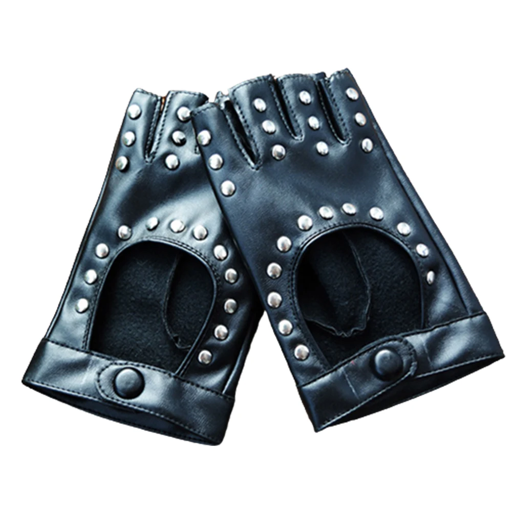 Women Punk Fingerless Dance Gloves with Studs Black PU Leather Rivets Cosplay Performance Dance Gloves Comfortable Sexy Cool