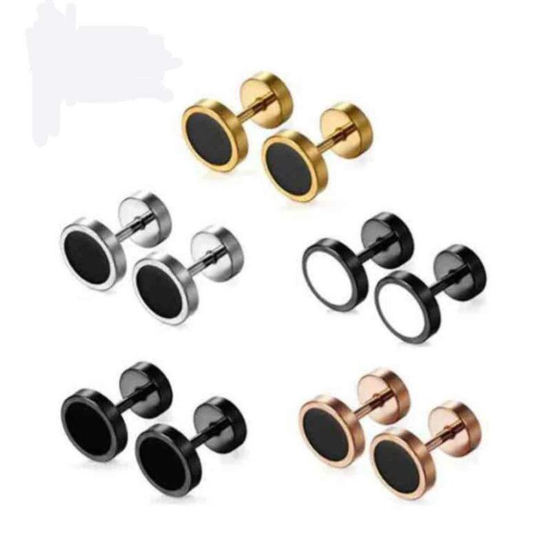 1 Pair 8mm Handmade Round Black Stud Earring Stainless Steel Bar Double Side Barbell Dumbbell Gothic Earring for Women Men