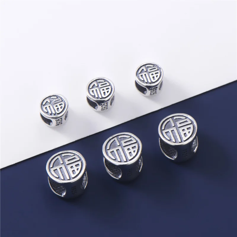 1pcs 925 Sterling Silver Retro Craftwork Good Luck Big Hole Beads 6mm 8mm Chinese Style Blessing Silver Spacer Bead DIY Jewelry