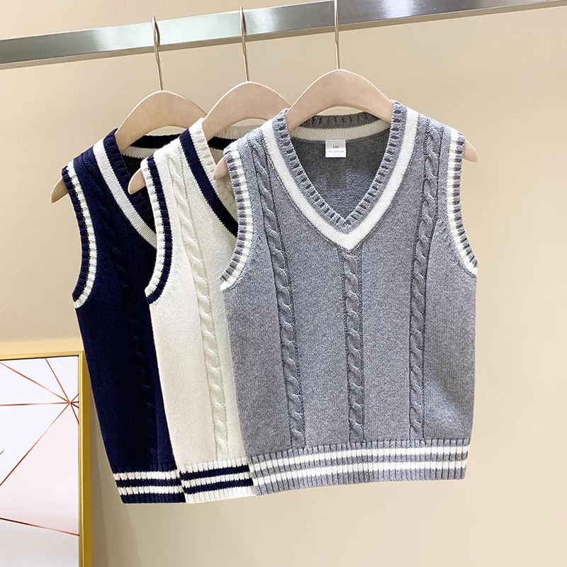 Children Vests 2024 Spring/Autumn Winter Kids Knitted Pure Cotton Pullover V-Neck Outerwear For School Boys Girls Waistcoat