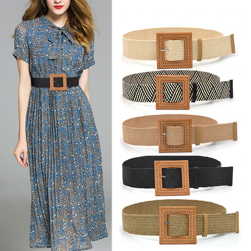 

Summer Elastic Imitate Woven Straw Waist Belts Square Buckle Adjustable Woven-straw Waistband Bohemian Beach Dress Belts Hot