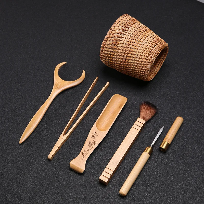 

New Vietnam Rattan Autumn Rattan Tea Ceremony Six Items Handmade Solid Wood Rattan Combination Bamboo Tea Clamp Tea Tray Parts